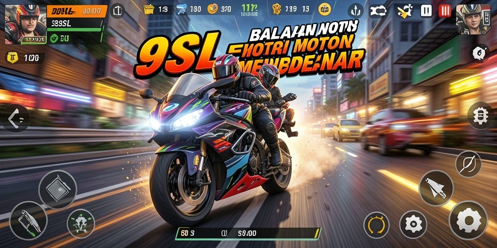 Screenshot dari gameplay 9SL menampilkan kecepatan dan keseruan balapan motor.
