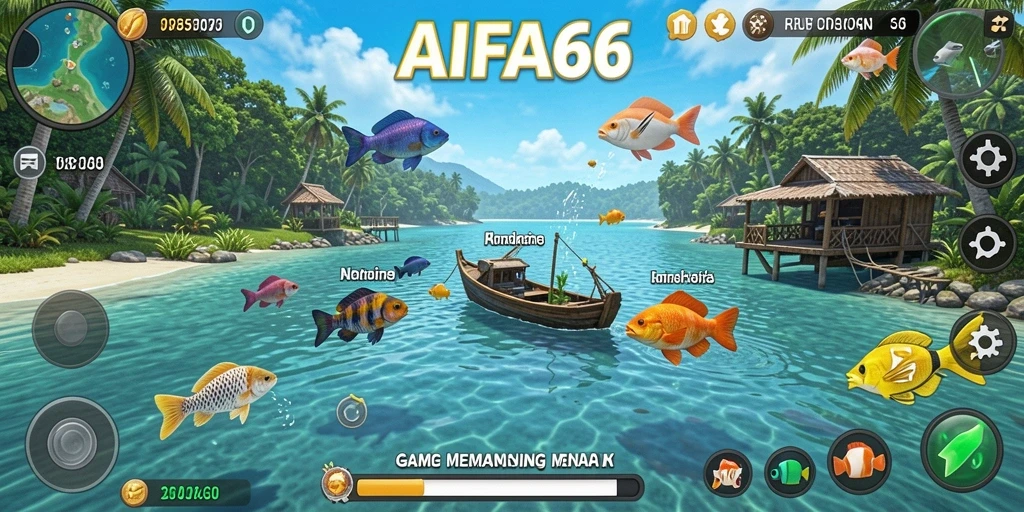 Screenshot AIFA66 menampilkan pemain yang sedang memancing di lokasi yang indah.