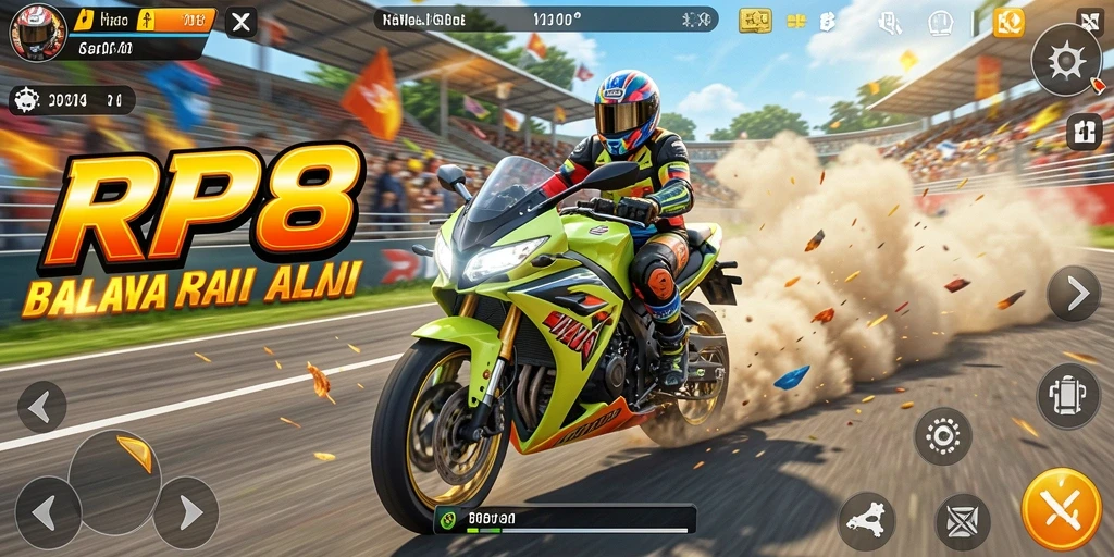 Screenshot gameplay RP8 menunjukkan aksi balapan motor yang mendebarkan.