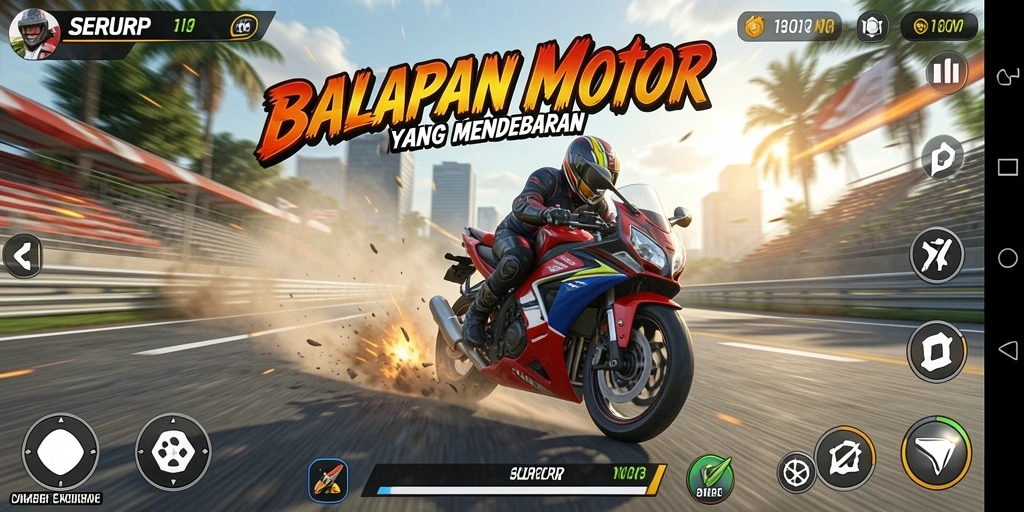 Tangkapan layar SERURP menampilkan duel balapan motor yang intens dan mendebarkan.