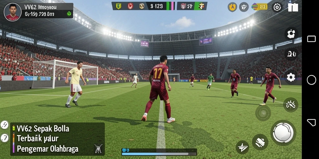 Gameplay VV62 menampilkan laga seru dengan aksi pemain sepak bola.